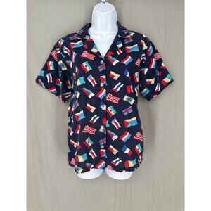 80s Vintage Top Womens Medium Navy Blue World Flags Euro Travel Novelty Button